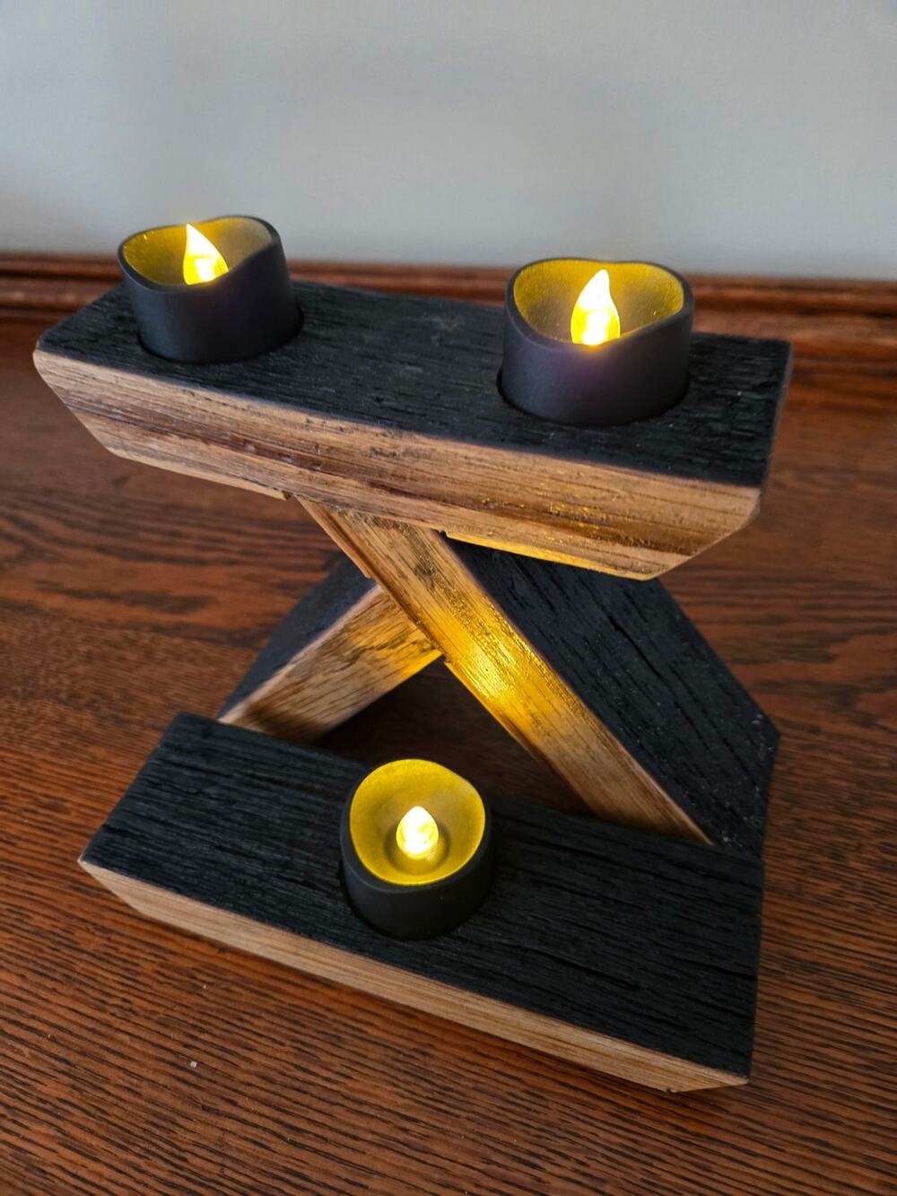 Handmade Rustic Whiskey Barrel Stave Triple Tealight Candle Holder